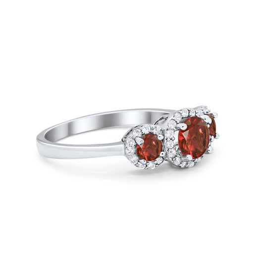 Three Stone Halo Simulated Garnet CZ Wedding Engagement Promise Ring