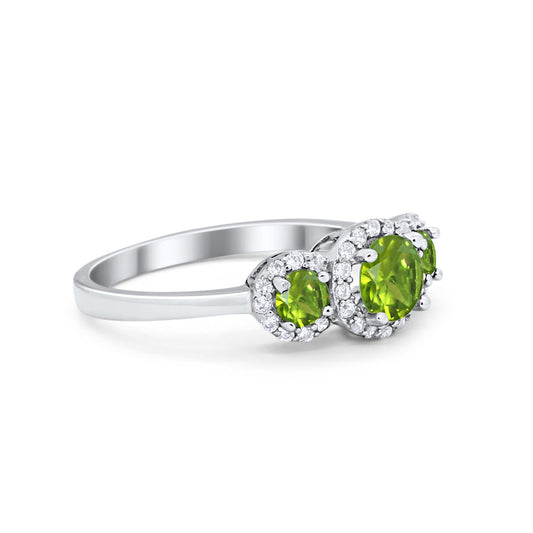 Three Stone Halo Simulated Peridot CZ Wedding Engagement Promise Ring