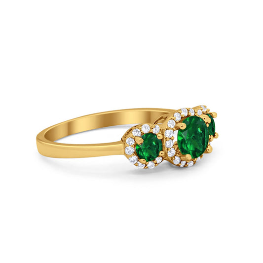 Three Stone Halo Yellow Tone, Simulated Green Emerald CZ Wedding Engagement Promise Ring