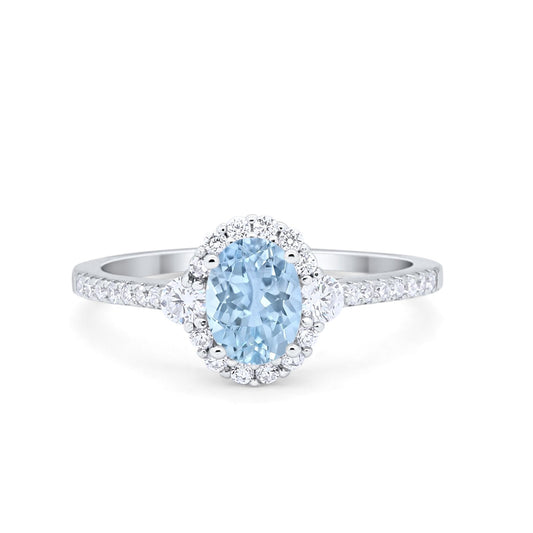 Oval Engagement Ring Round Simulated Aquamarine CZ