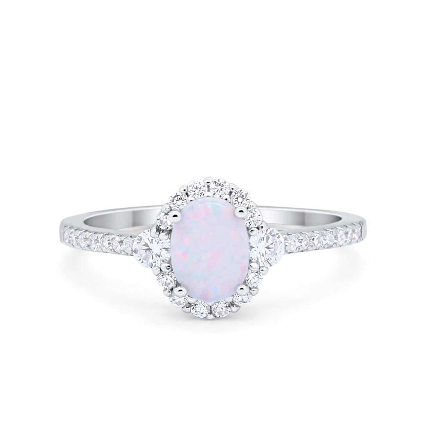 Art Deco Halo Oval Wedding Ring Lab Created White Opal