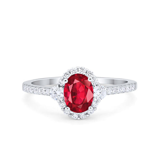 Art Deco Halo Oval Wedding Ring Simulated Ruby CZ