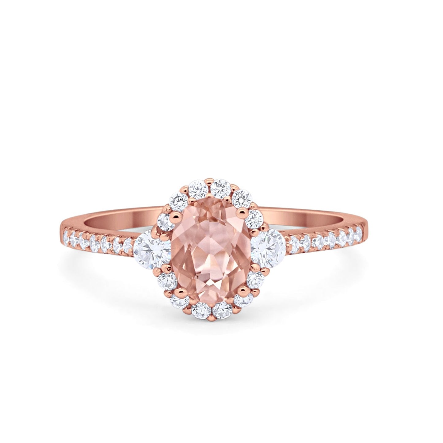 Art Deco Halo Oval Wedding Ring Rose Tone, Simulated Morganite CZ