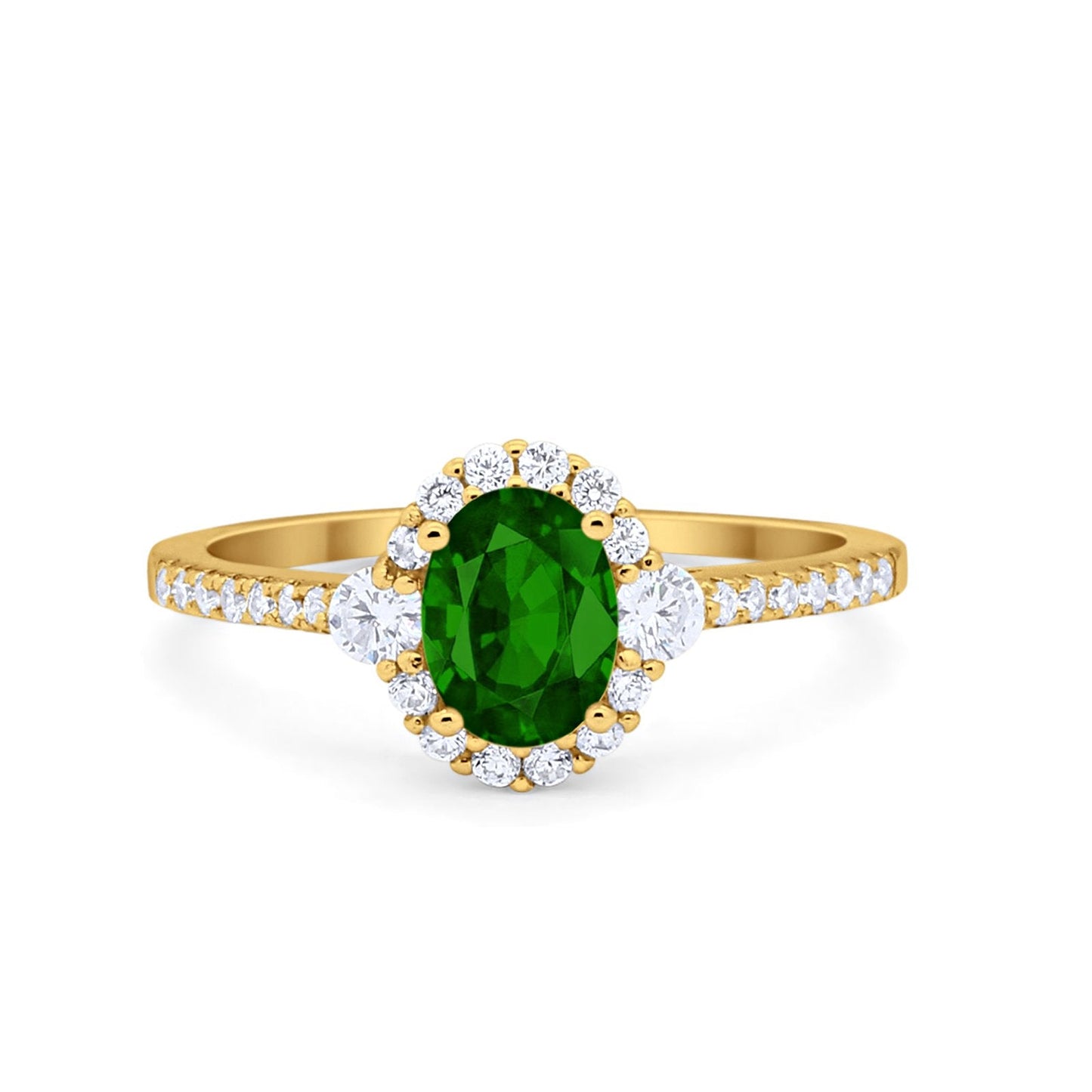 Art Deco Halo Oval Yellow Tone, Simulated Green Emerald CZ Wedding Ring