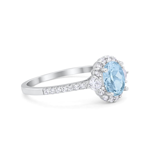 Oval Engagement Ring Round Simulated Aquamarine CZ