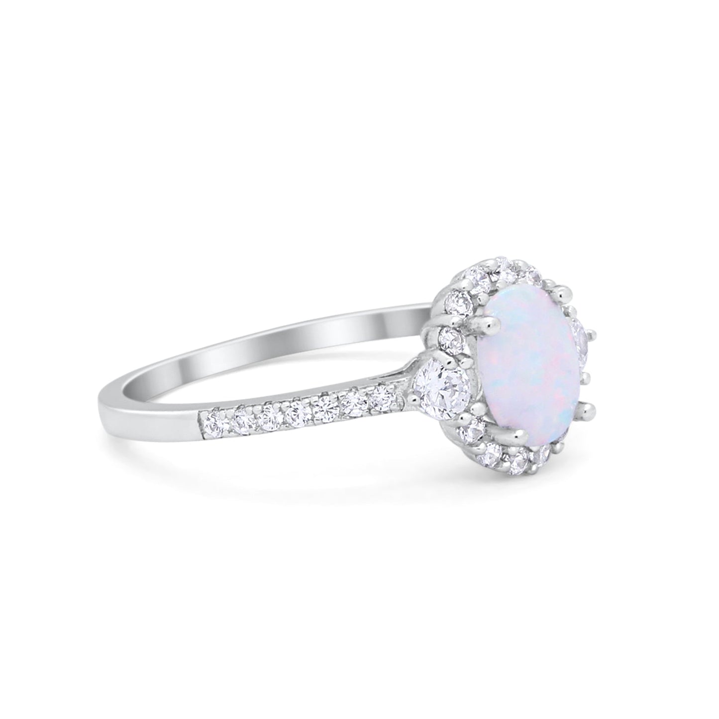 Art Deco Halo Oval Wedding Ring Lab Created White Opal