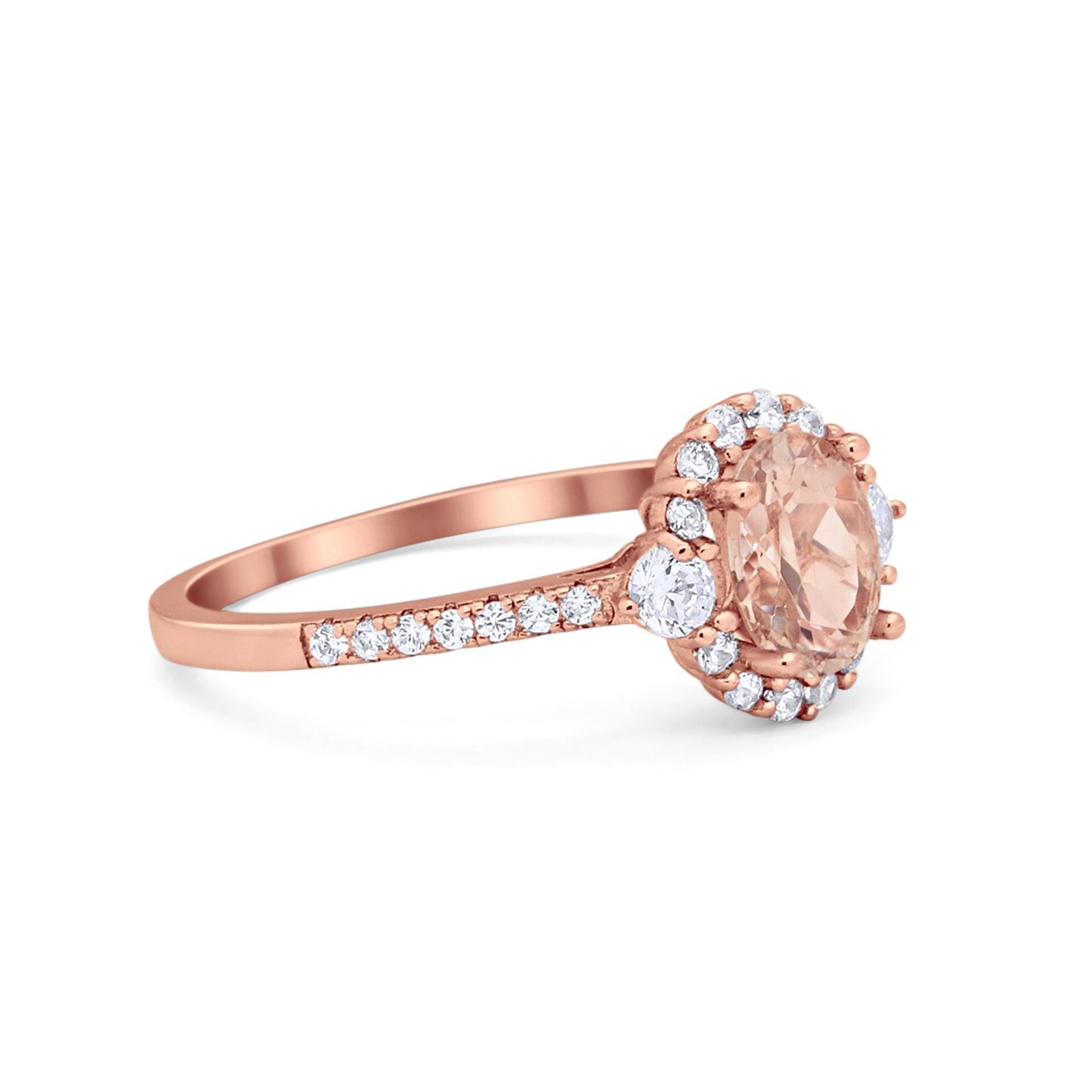 Art Deco Halo Oval Wedding Ring Rose Tone, Simulated Morganite CZ