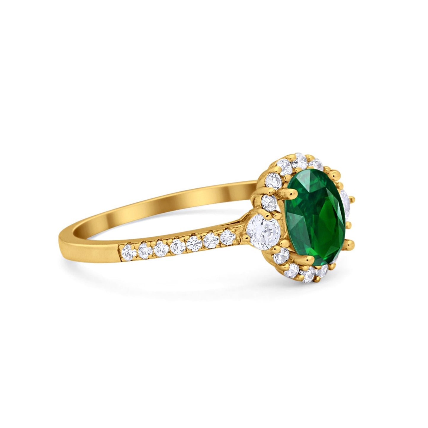 Art Deco Halo Oval Yellow Tone, Simulated Green Emerald CZ Wedding Ring