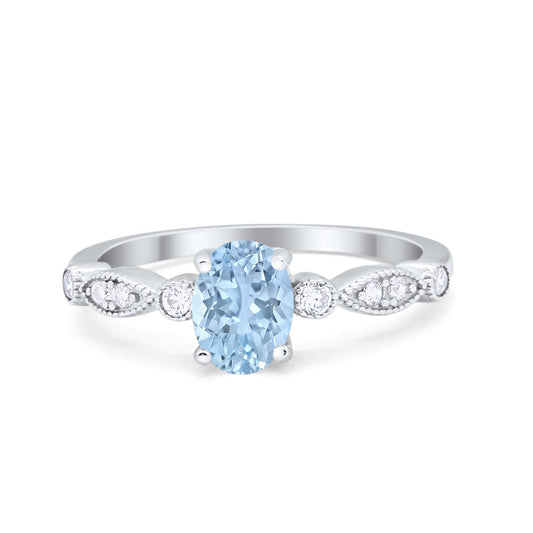 Vintage Style Wedding Ring Oval Simulated Aquamarine CZ