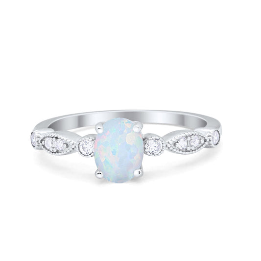 Vintage Style Wedding Ring Oval Lab Created White Opal