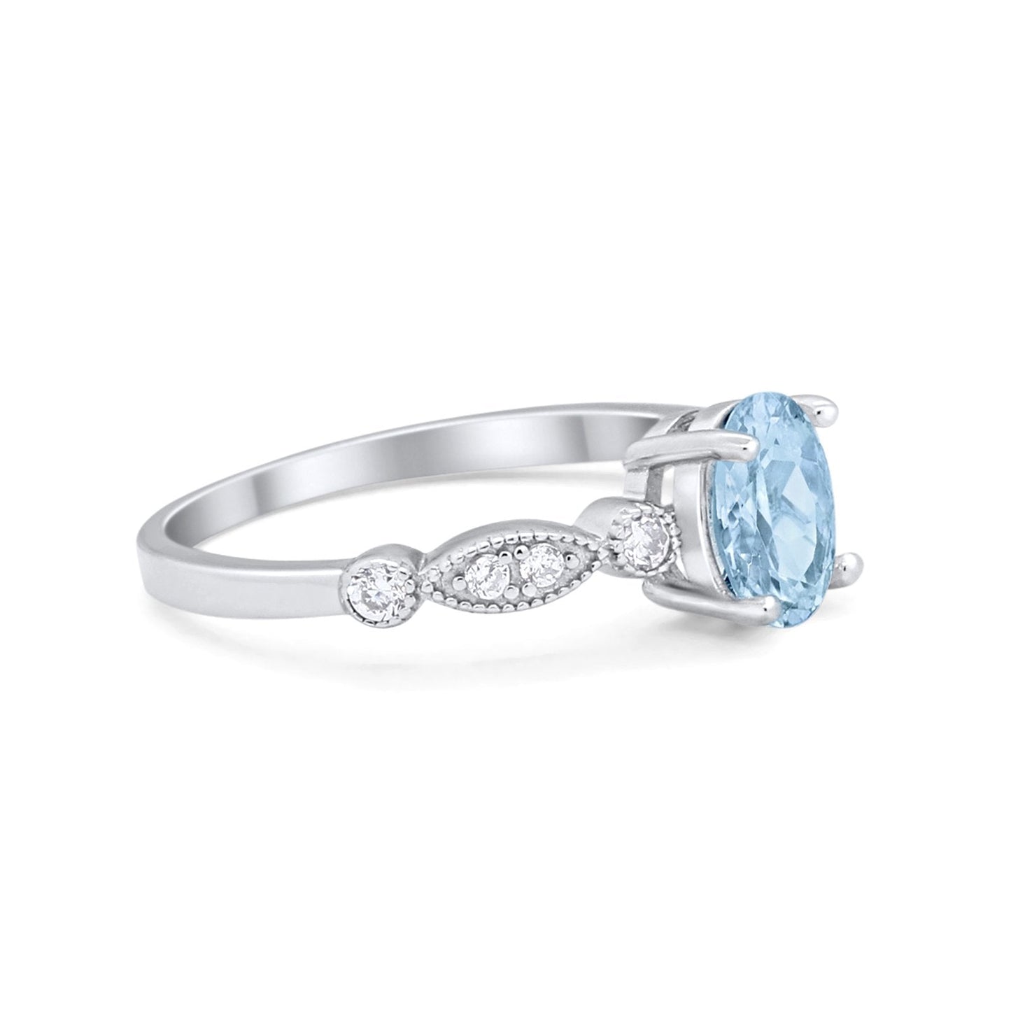 Vintage Style Wedding Ring Oval Simulated Aquamarine CZ