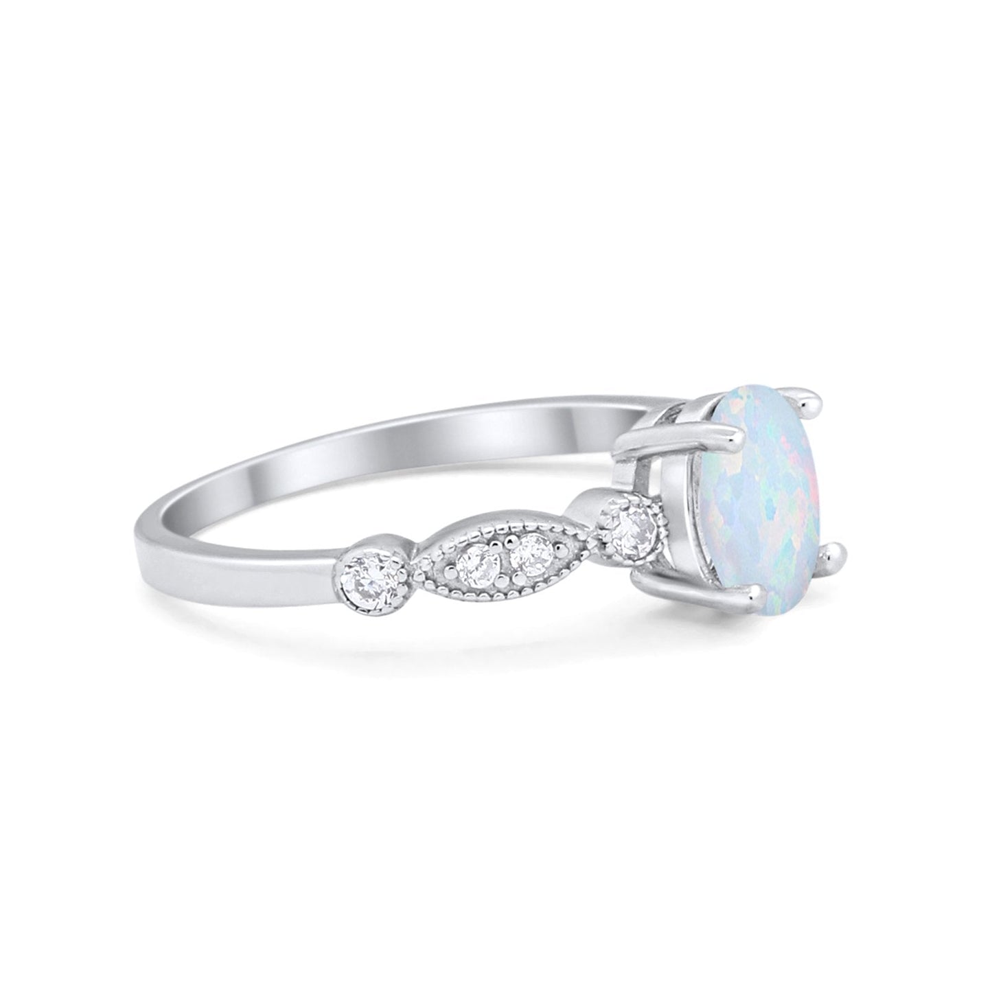 Vintage Style Wedding Ring Oval Lab Created White Opal