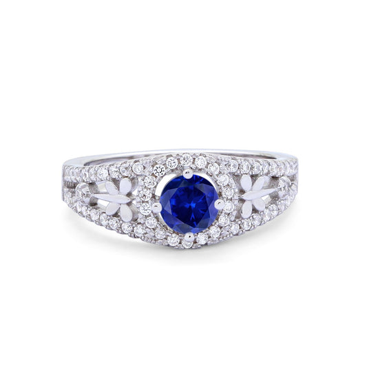 Wedding Ring Round Simulated Blue Sapphire CZ Dragonfly Accent