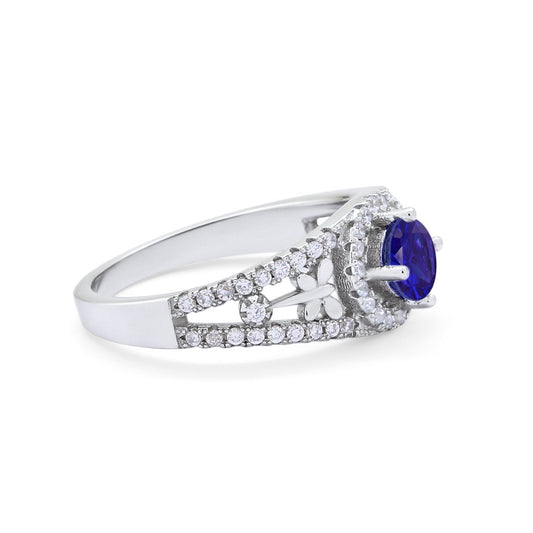 Wedding Ring Round Simulated Blue Sapphire CZ Dragonfly Accent