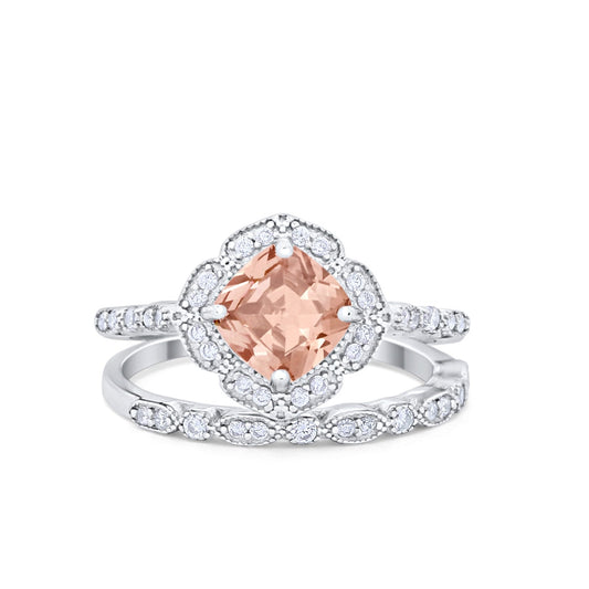 Art Deco Halo Wedding Piece Ring Simulated Morganite CZ