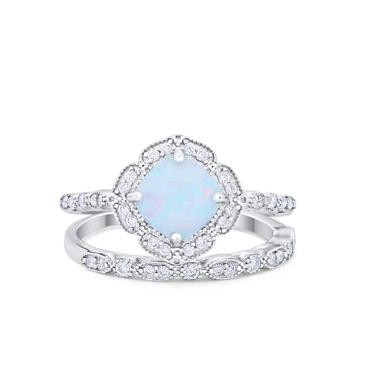 Art Deco Halo Wedding Ring Lab Created White Opal