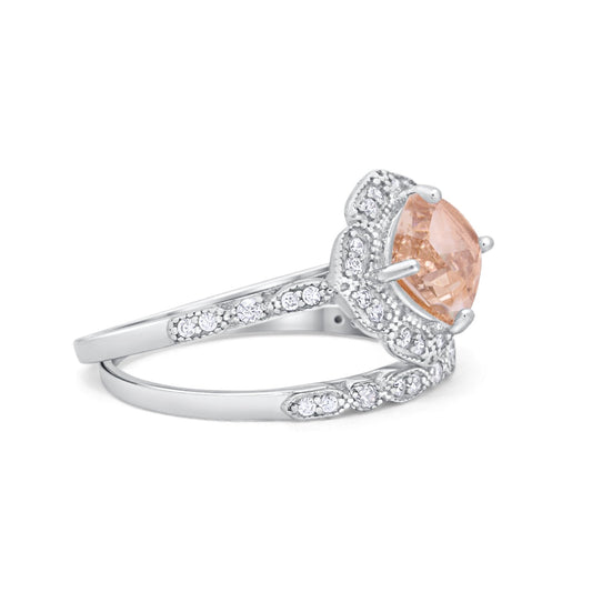 Art Deco Halo Wedding Piece Ring Simulated Morganite CZ