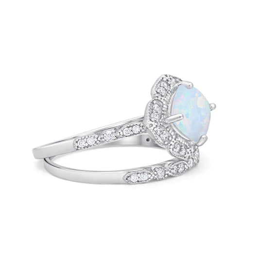 Art Deco Halo Wedding Ring Lab Created White Opal