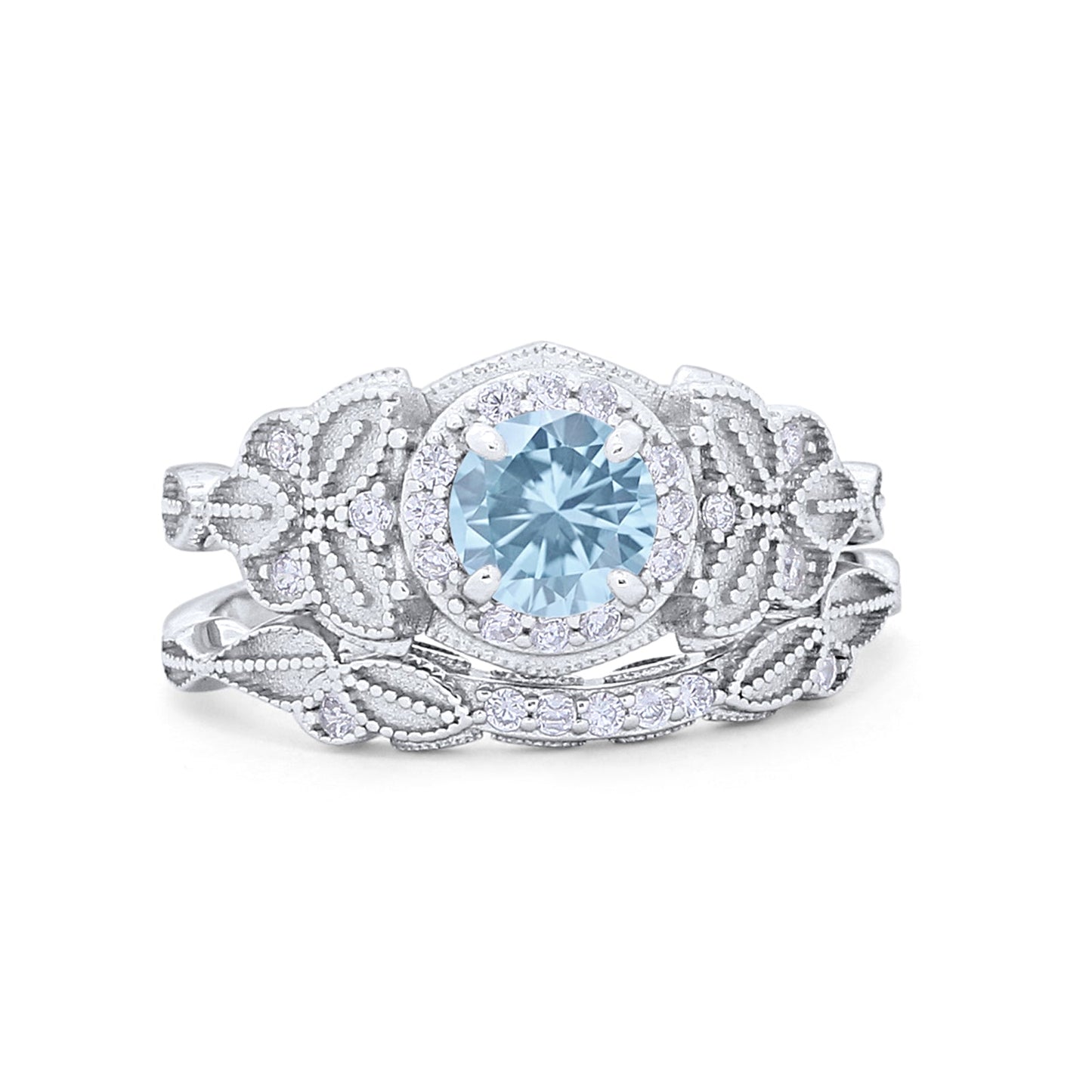 Art Deco Vintage Style Bridal Ring Piece Simulated Aquamarine CZ