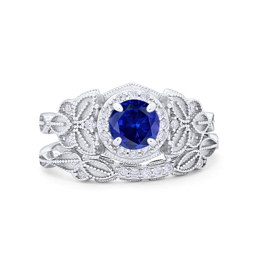 Art Deco Vintage Style Bridal Ring Piece Simulated Blue Sapphire CZ