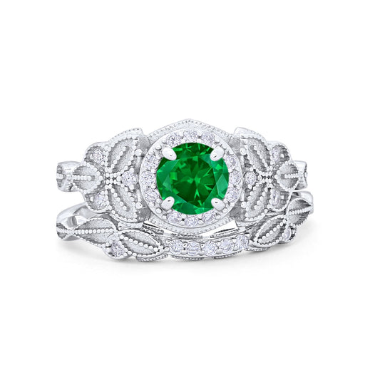 Art Deco Vintage Style Bridal Ring Simulated Green Emerald CZ