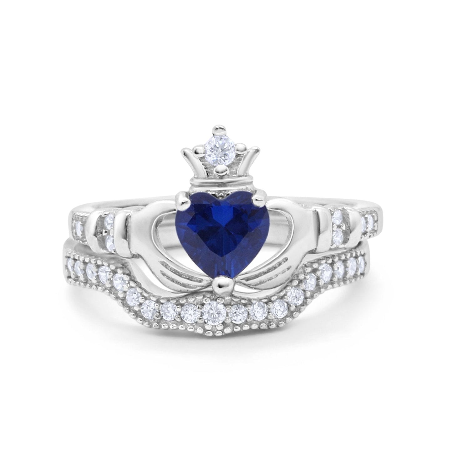 Two Piece Claddagh Ring Band Heart Simulated Blue Sapphire CZ