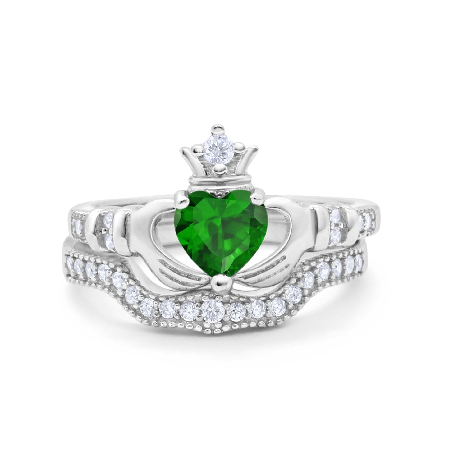 Two Piece Claddagh Ring Band Heart Simulated Green Emerald CZ