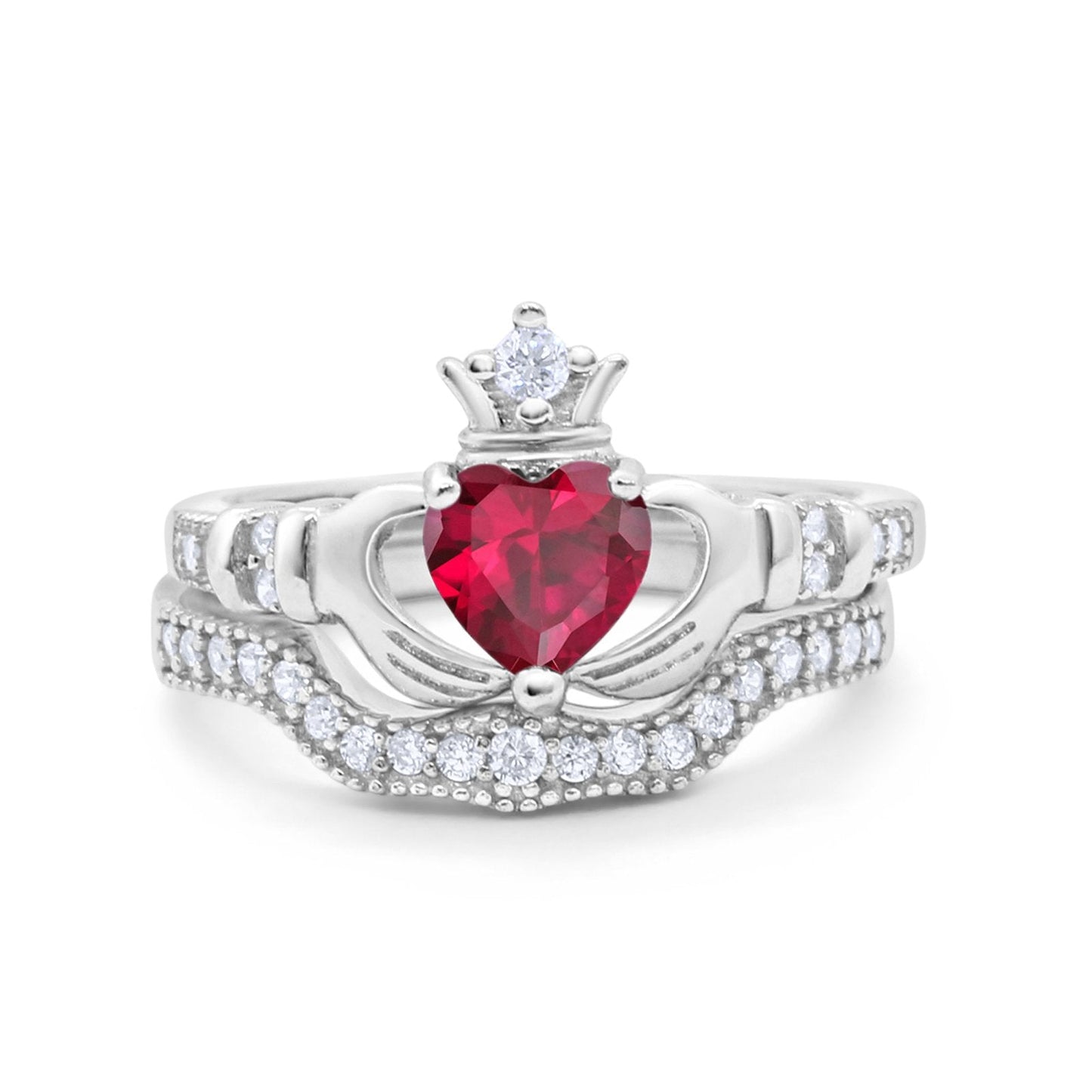 Two Piece Claddagh Ring Band Heart Simulated Ruby CZ