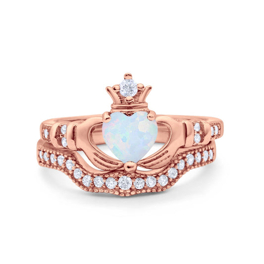 Two Piece Band Heart Rose Tone, Lab Created White Opal Claddagh Ring