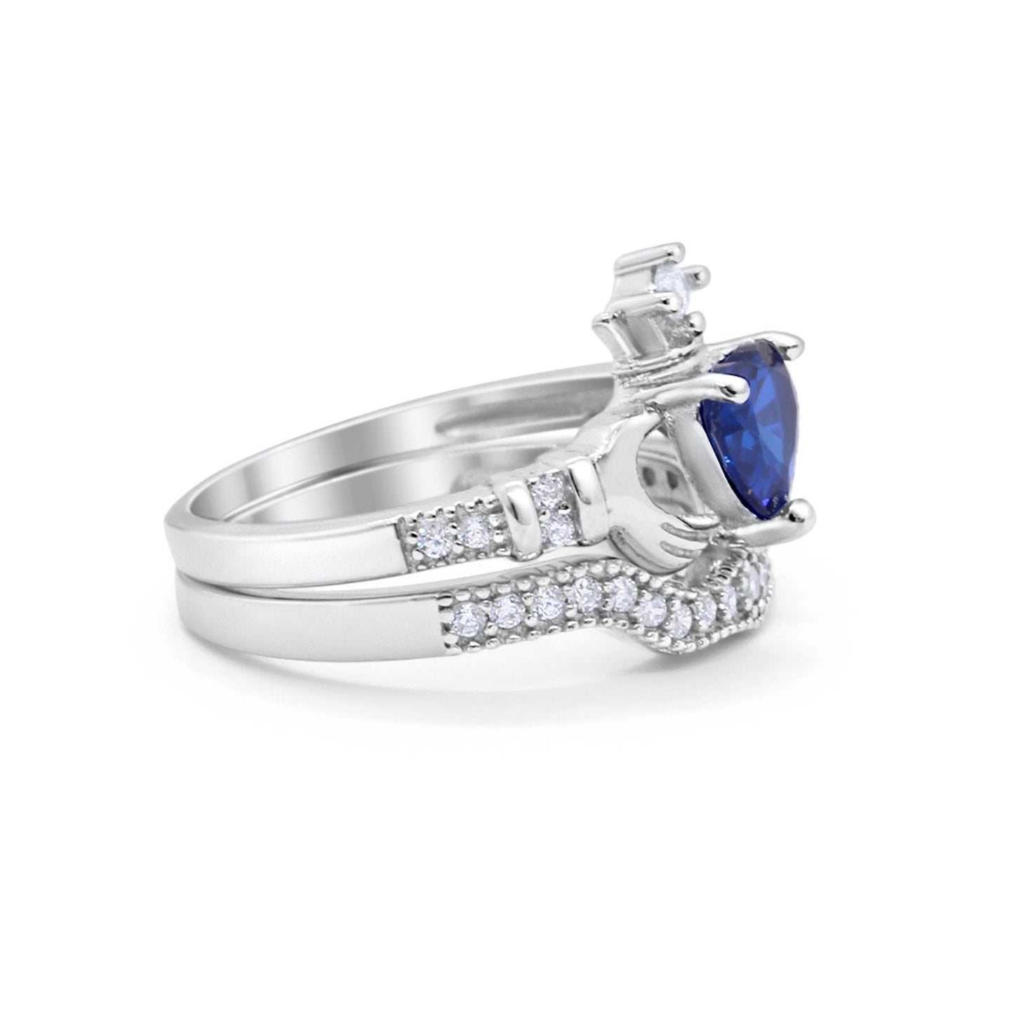 Two Piece Claddagh Ring Band Heart Simulated Blue Sapphire CZ