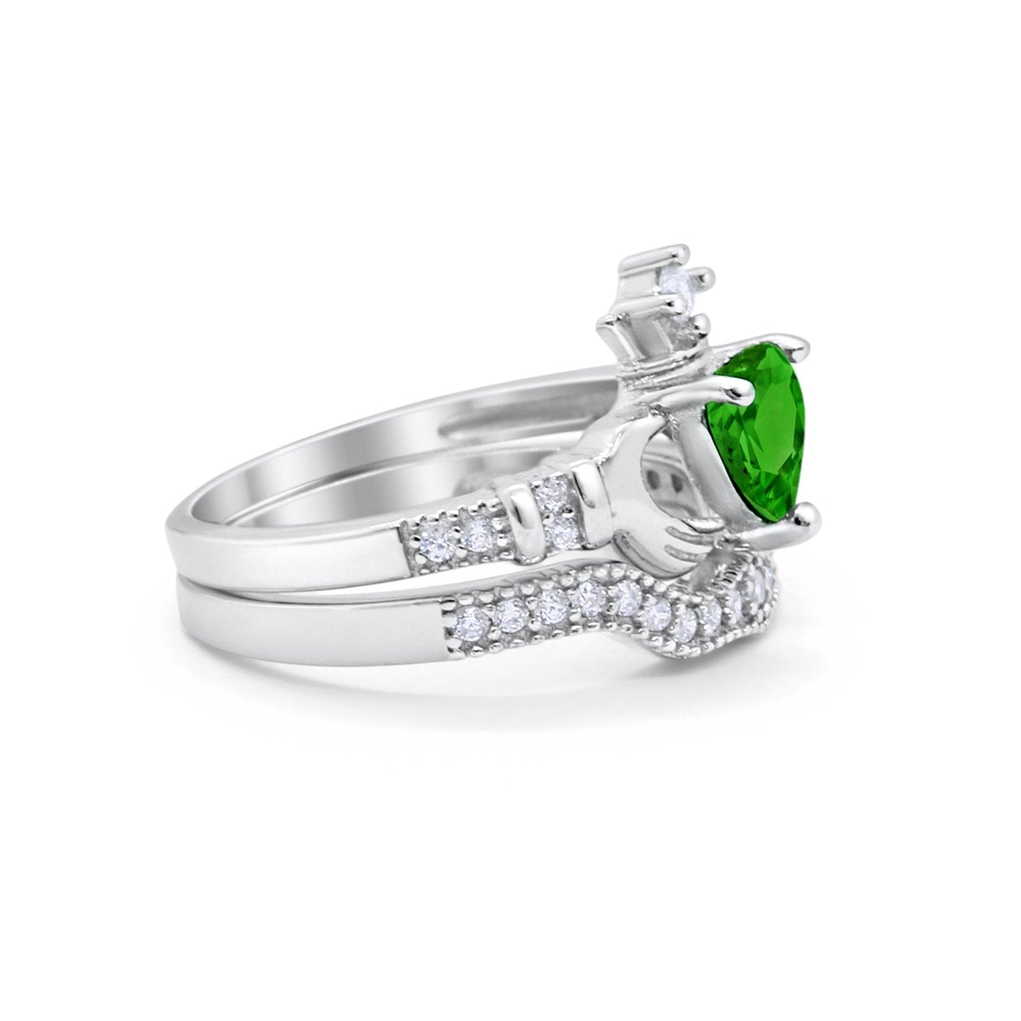 Two Piece Claddagh Ring Band Heart Simulated Green Emerald CZ