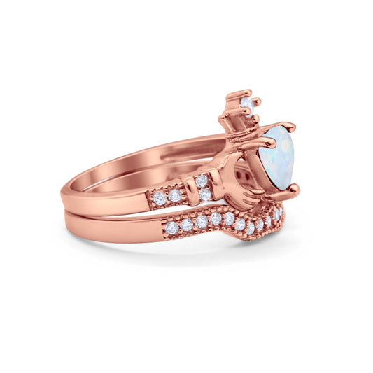 Two Piece Band Heart Rose Tone, Lab Created White Opal Claddagh Ring