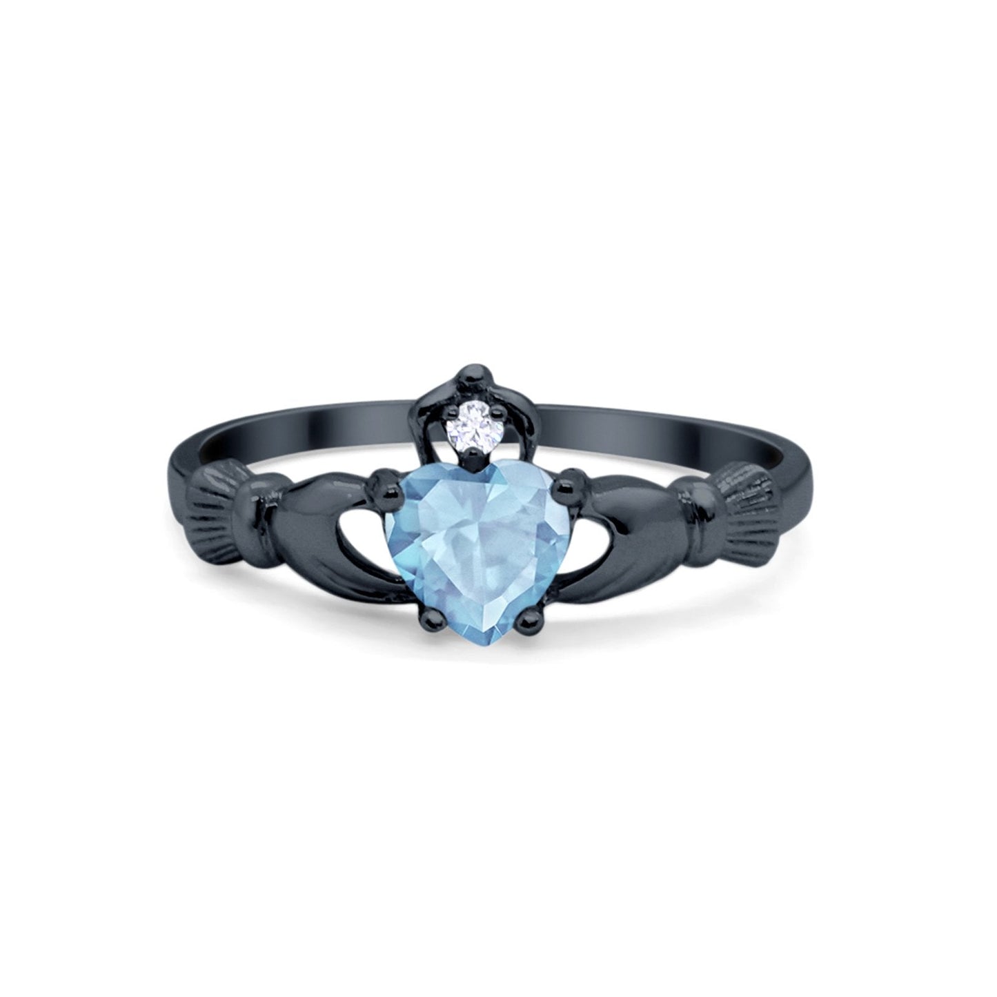 Irish Claddagh Heart Promise Ring Black Tone, Simulated Aquamarine CZ