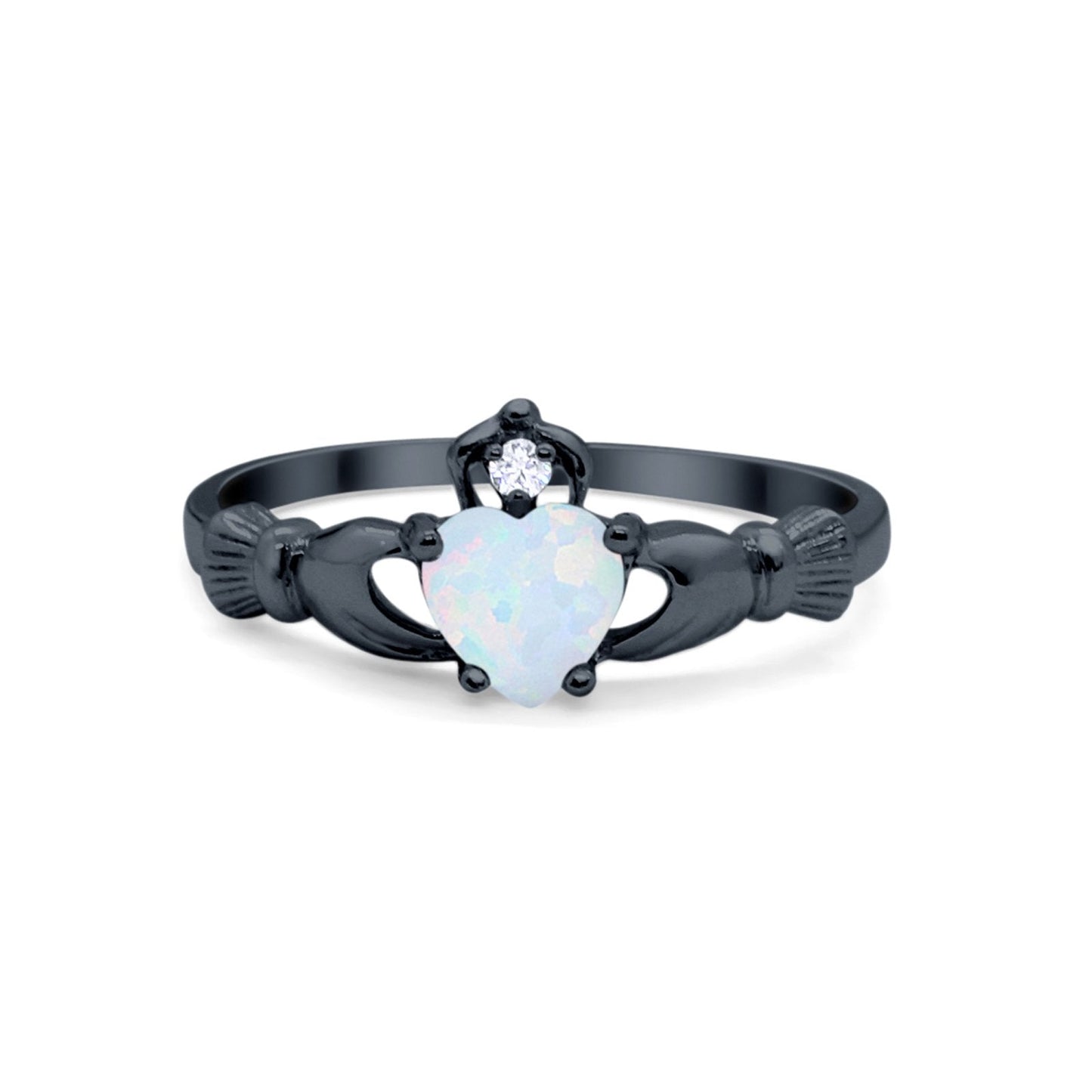 Irish Claddagh Heart Promise Ring Black Tone, Lab Created White Opal