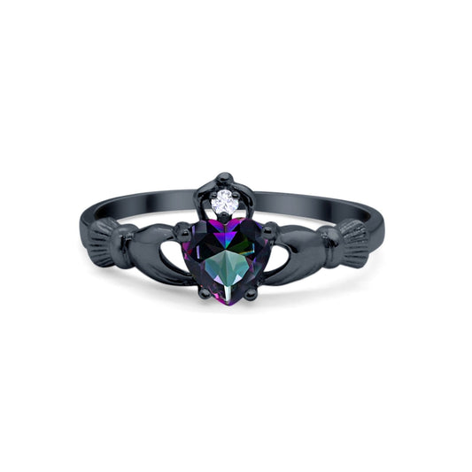 Irish Claddagh Heart Promise Ring Black Tone, Simulated Rainbow CZ