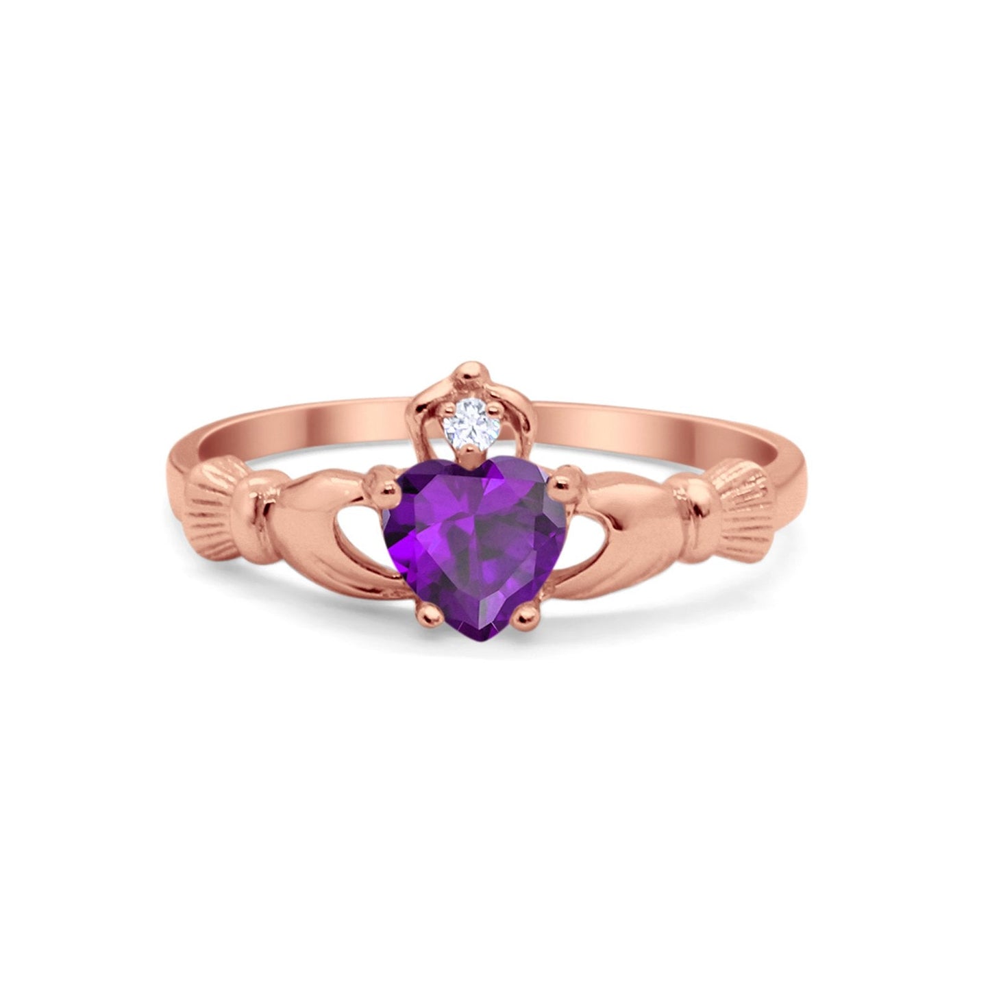 Irish Claddagh Heart Promise Ring Rose Tone, Simulated Amethyst CZ