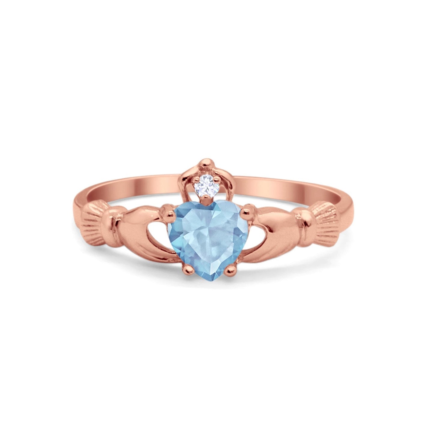 Irish Claddagh Heart Promise Ring Rose Tone, Simulated Aquamarine CZ