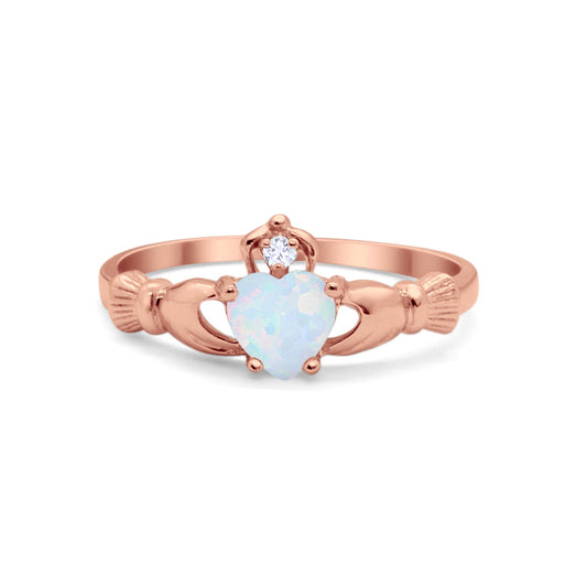 Irish Claddagh Heart Rose Tone, Lab Created White Opal Promise Ring