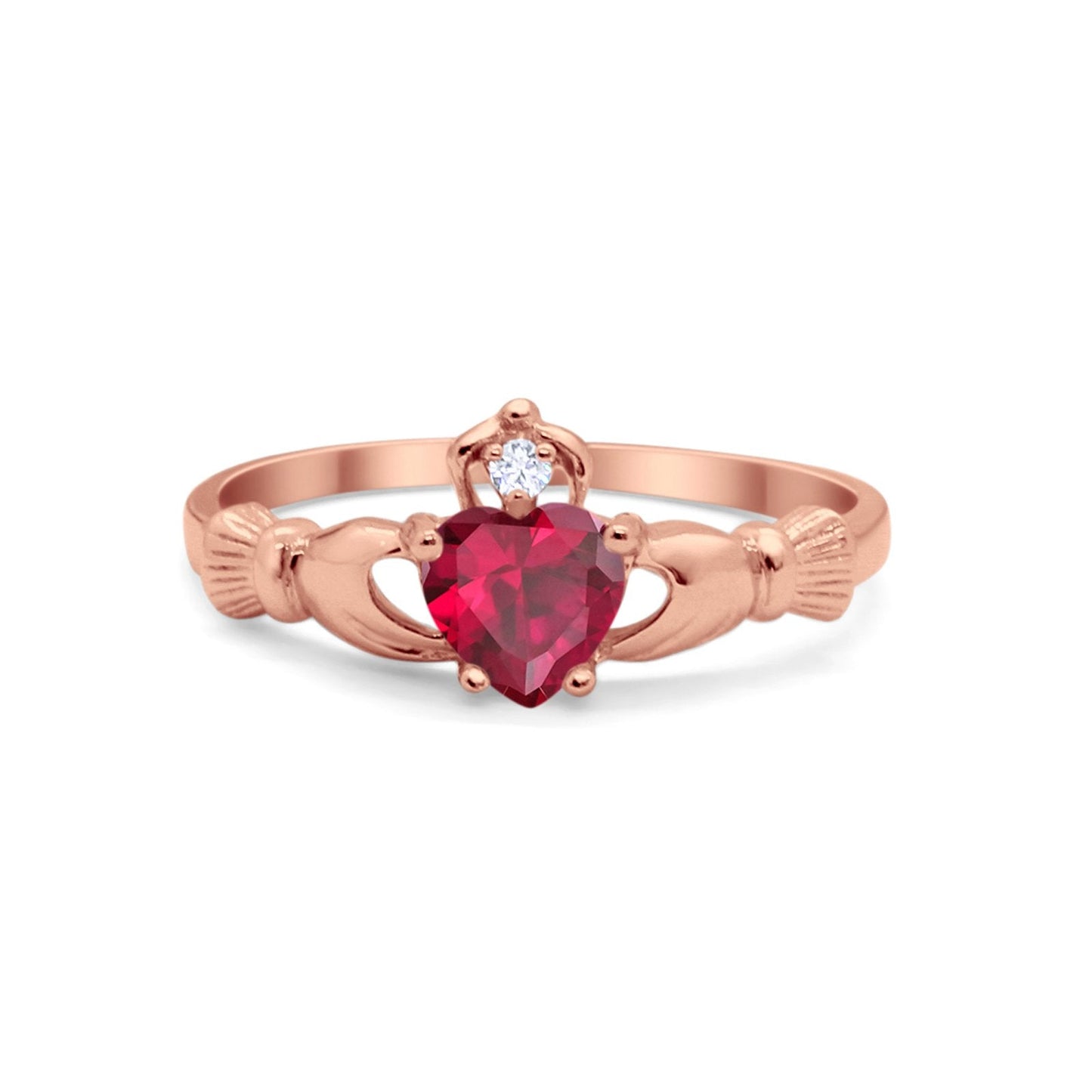 Irish Claddagh Heart Promise Ring Rose Tone, Simulated Ruby CZ