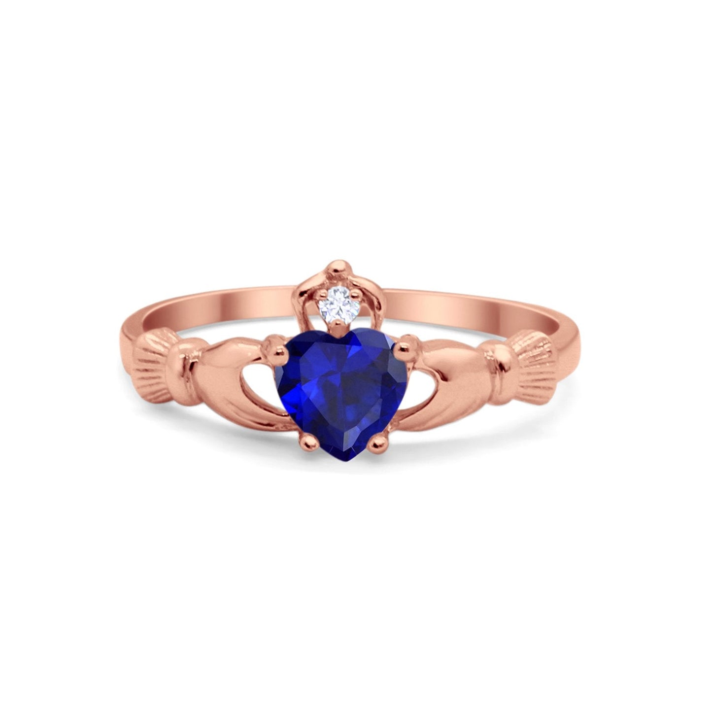 Irish Claddagh Heart Promise Ring Rose Tone, Simulated Blue Sapphire CZ