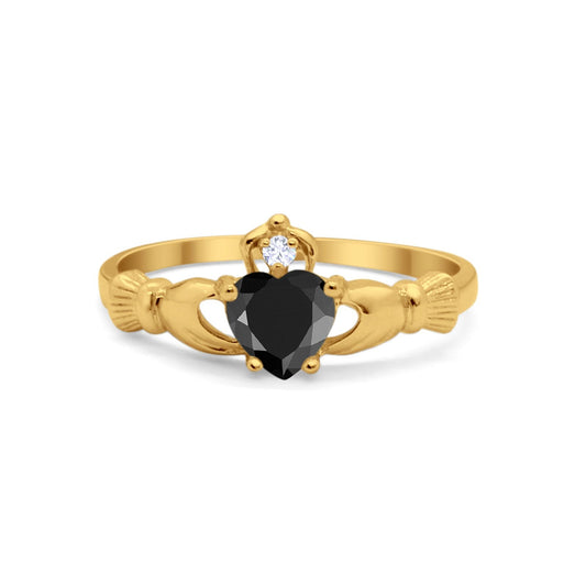 Irish Claddagh Heart Promise Ring Yellow Tone, Simulated Black CZ