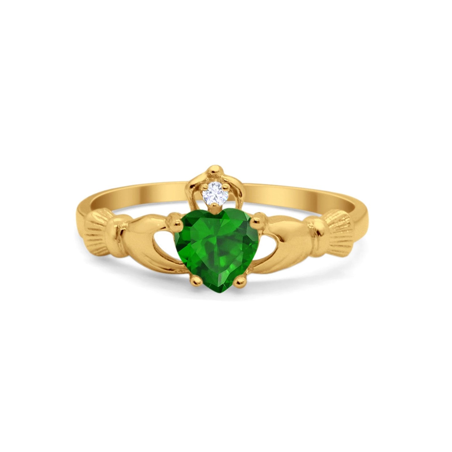 Irish Claddagh Heart Yellow Tone, Simulated Green Emerald CZ Promise Ring