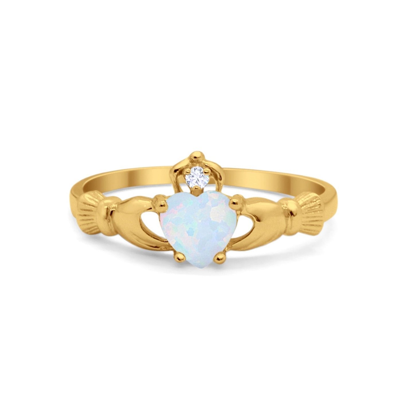 Irish Claddagh Heart Promise Ring Yellow Tone, Lab Created White Opal