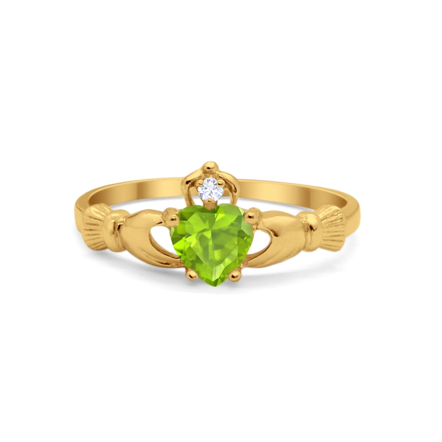 Irish Claddagh Heart Promise Ring Yellow Tone, Simulated Peridot CZ