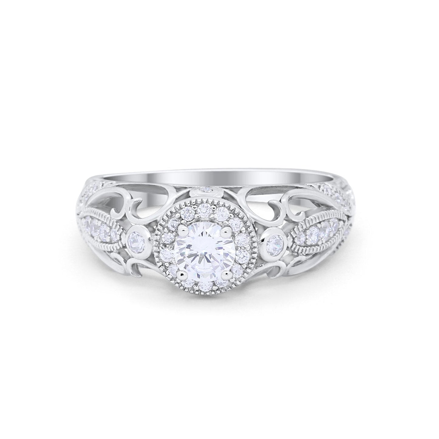 Filigree Engagement Ring Round Simulated Cubic Zirconia