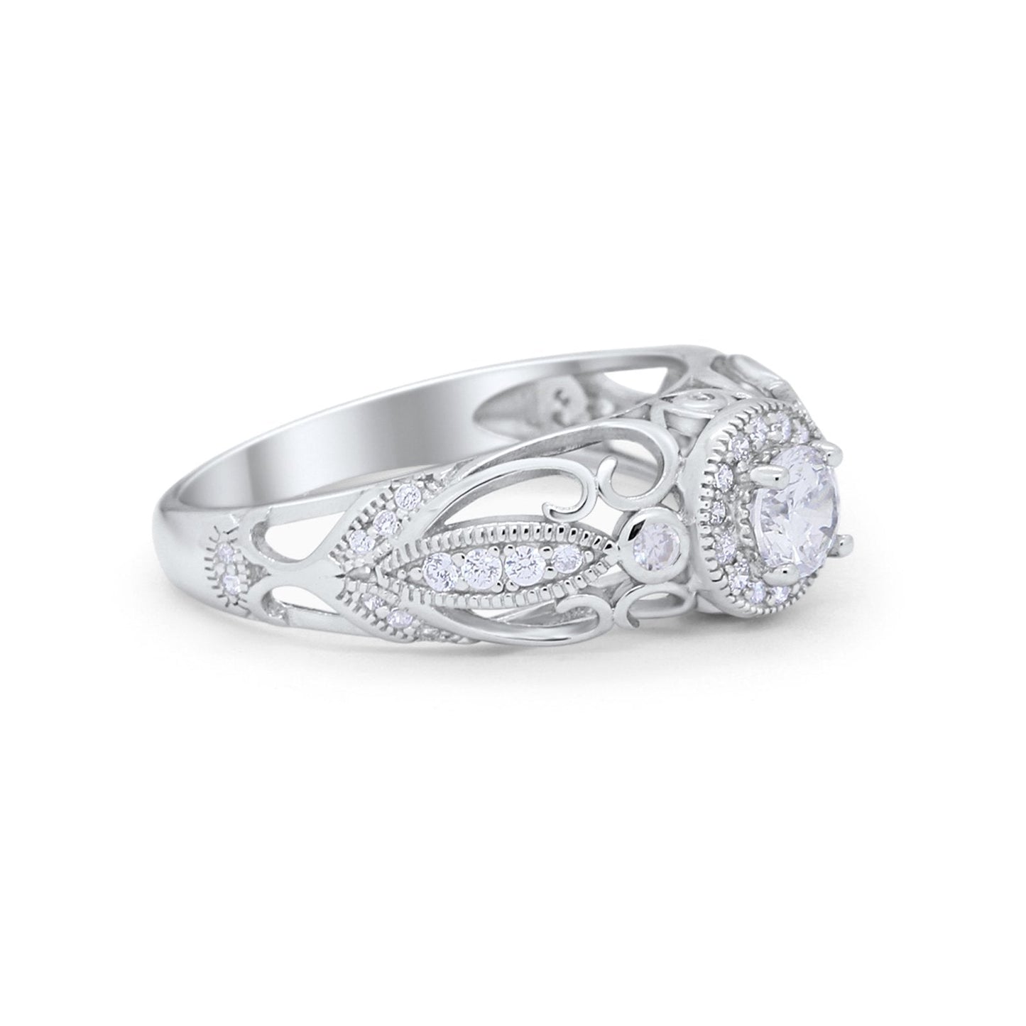 Filigree Engagement Ring Round Simulated Cubic Zirconia