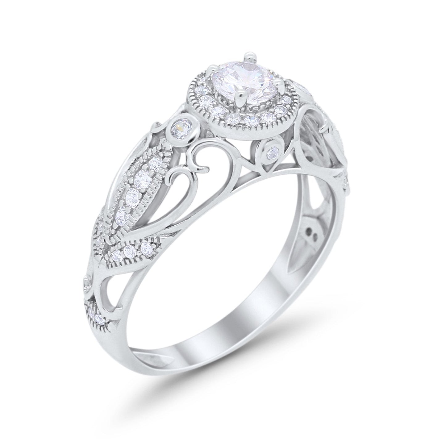 Filigree Engagement Ring Round Simulated Cubic Zirconia