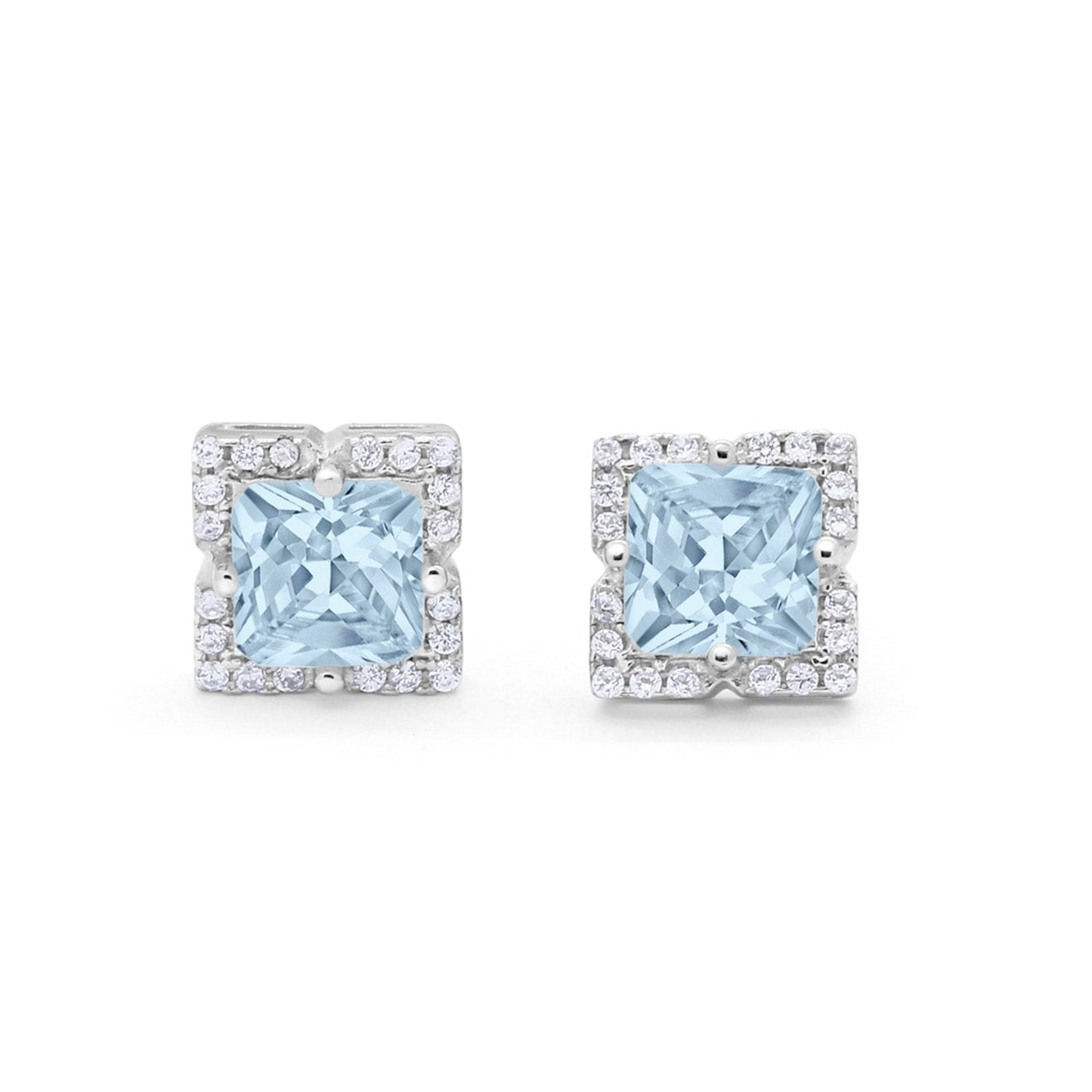 Halo Princess Cut Engagement Bridal Stud Earrings Simulated Aquamarine CZ