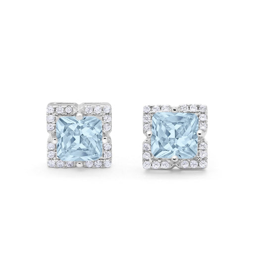 Halo Princess Cut Engagement Bridal Stud Earrings Simulated Aquamarine CZ