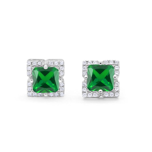 Halo Princess Cut Engagement Bridal Stud Earrings Simulated Green Emerald CZ